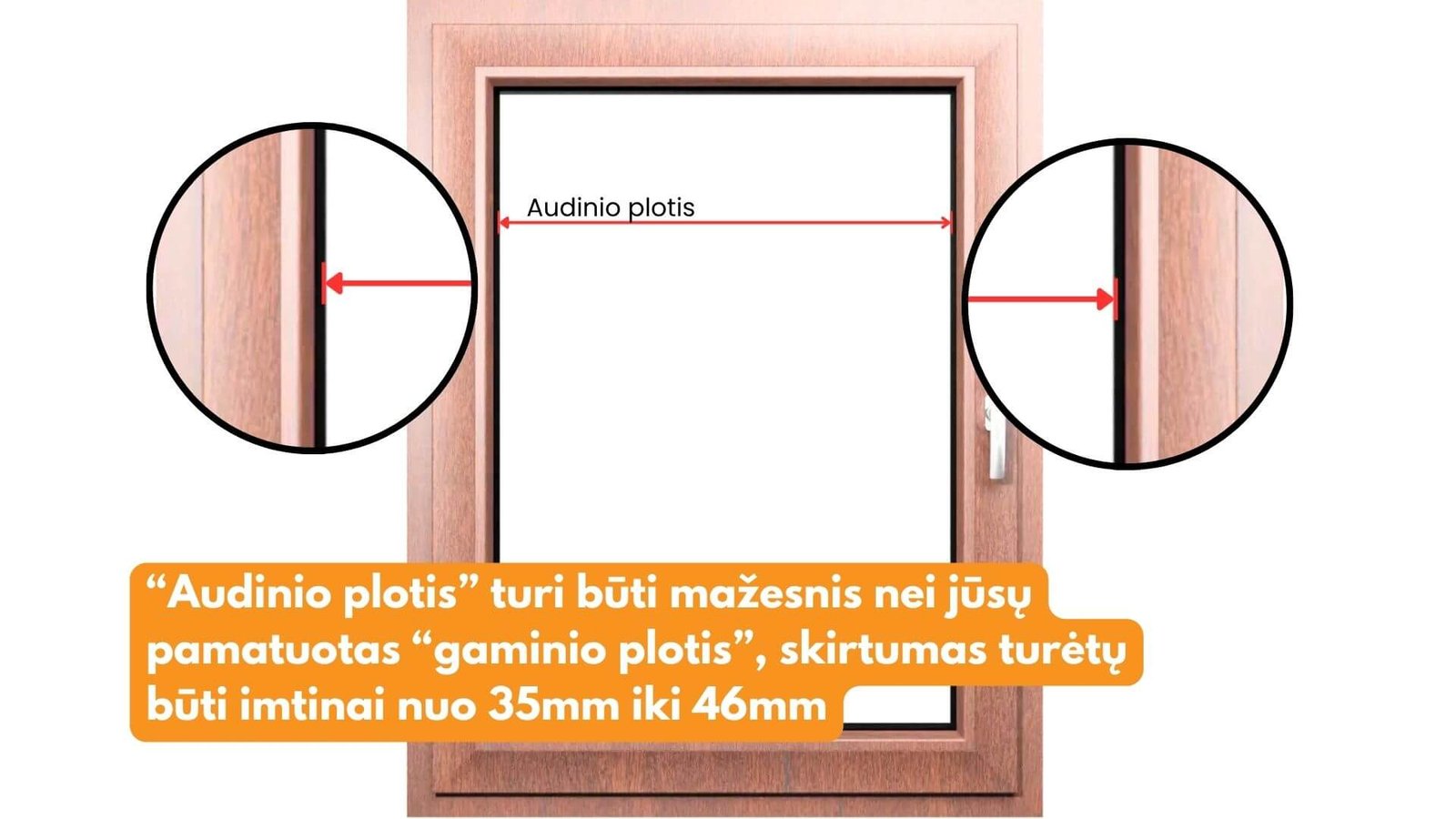 “Audinio plotis” turi būti mažesnis nei jūsų pamatuotas “gaminio plotis”, skirtumas turėtų būti imtinai nuo 35mm iki 46mm blackout roleto instrukcija